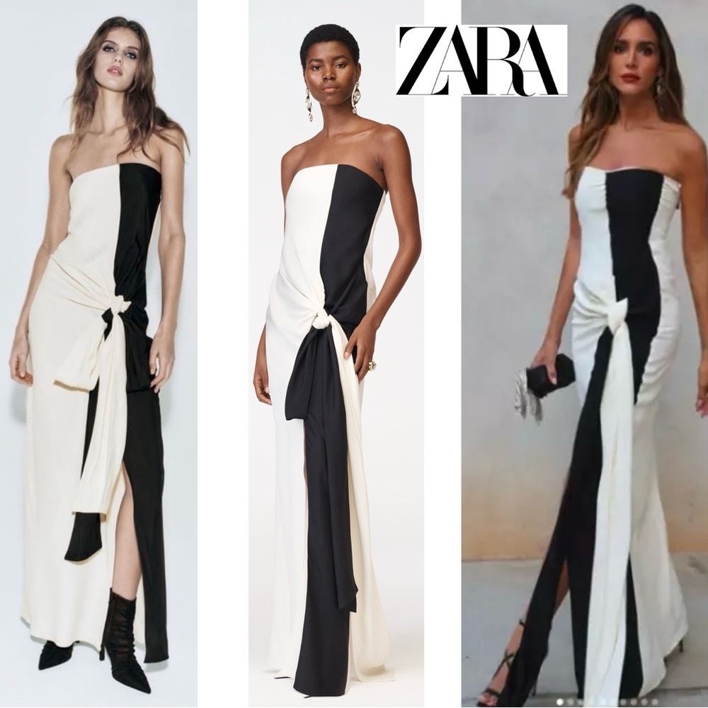 ZARA COLLECTION KNOTTED STRAPLESS MAXI DRESS LIMITED EDITION Black cream Sz M